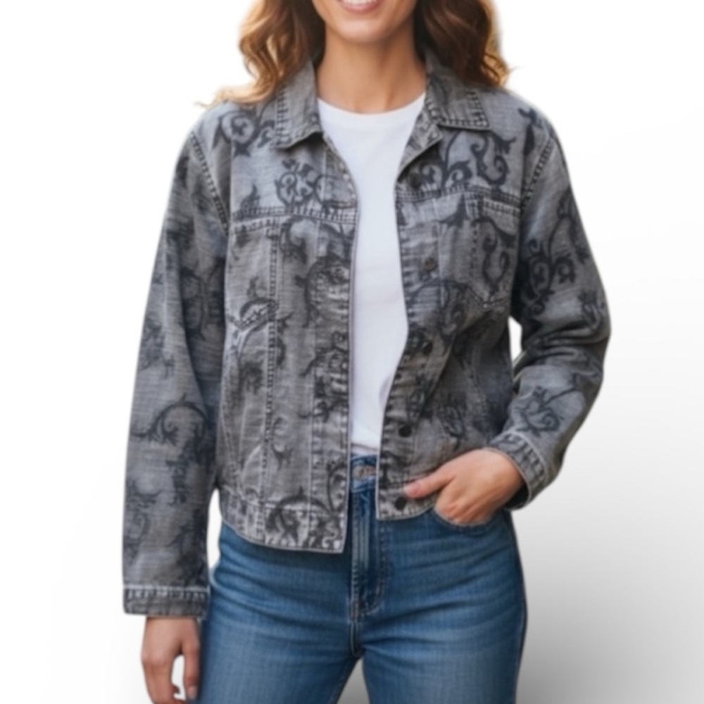 Chico's Design Jacquard Jacket in Silver Metallic Size 1; Women’s 6-8